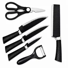 Kit Faqueiro 6 Peças Preto Facas Cozinha + Tesoura e Descascador Premium Chef