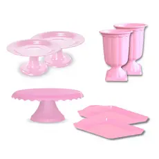 Kit Festa 1 Boleira Cake Renda 22cm + 2 Mini Cake + 2 Vaso Grego + 2 Bandeja 26x15cm (+7  Cores)