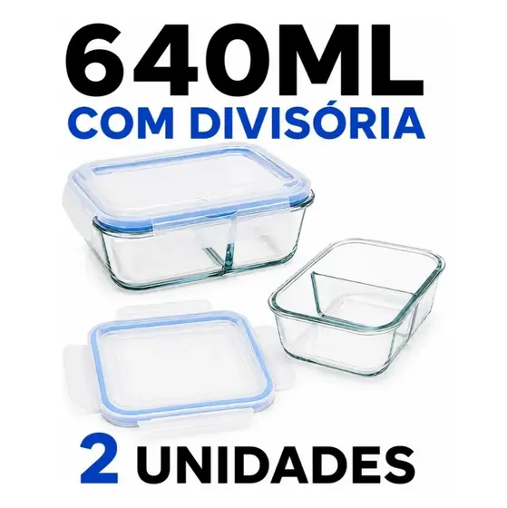 Kit 2 Potes Hermético 640 ml Marmita de Vidro com Divisória Air Fryer Forno Micro-Ondas