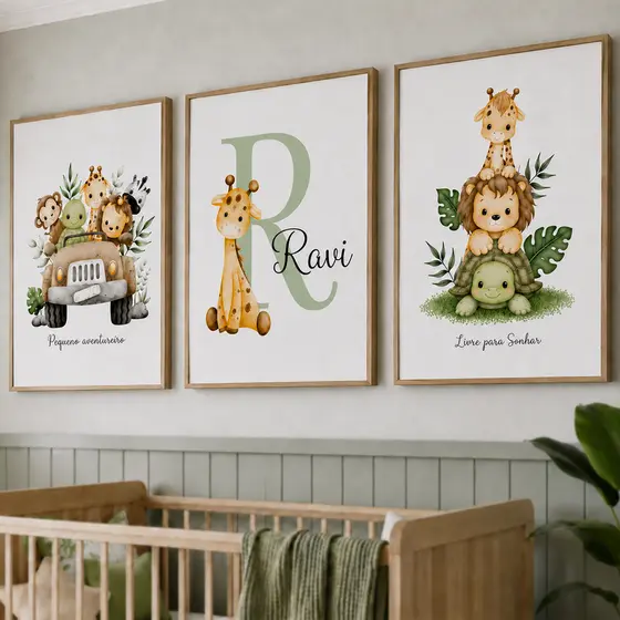 Quadro Decorativo Safari para Berçario Bichinhos Para Bebê Personalizado com Nome