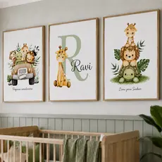 Quadro Decorativo Safari para Berçario Bichinhos Para Bebê Personalizado com Nome