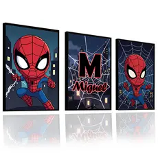 Quadro Decorativo Homem Aranha Spider Man Personalizado Nome Kit 3 Peças Menino Infanti Grande