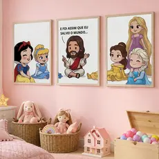 Quadro Decorativo Princesas Encantadas Jesus Religioso Neve Menina Garota Rosa Infantil Fofo