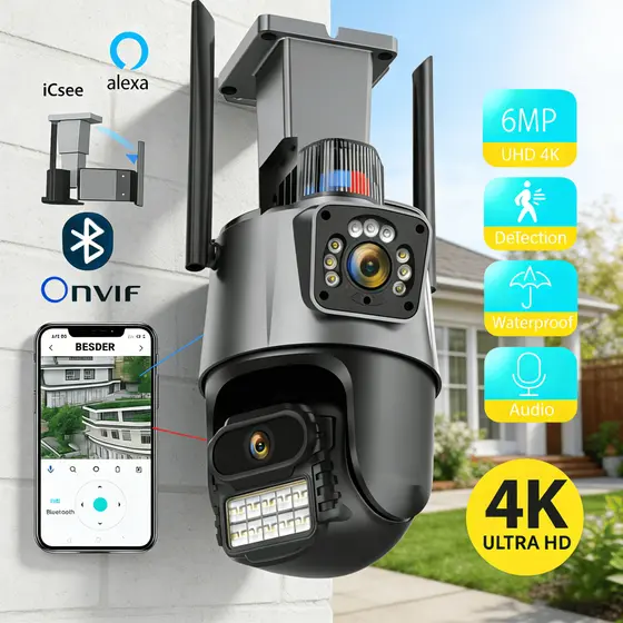 Câmera Segurança Externa Wi-Fi Pro 6MP Dupla Lente 4K Visão Noturna Colorida À Prova D'água Icsee