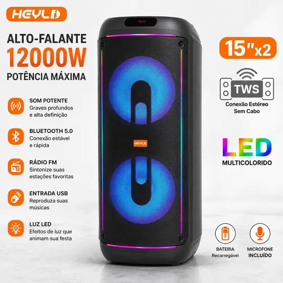 Caixa De Som Bluetooth 12000w Profissional 2x15" LED TWS + 2 Microfones Sem Fio