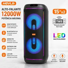 Caixa De Som Bluetooth 12000w Profissional 2x15" LED TWS + 2 Microfones Sem Fio