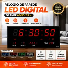Relógio De Parede Led Digital Grande 48*25*3cm Termômetro Data
