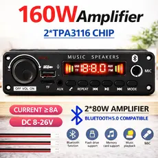 Placa amplificadora profissional 160W Bluetooth 5.3 MP3 alta potência 8V-26V