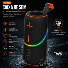 Caixa de Som Bluetooth Portátil 20W HY-462 à prova d'água IPX6 TWS RGB LED Alto Falante FM