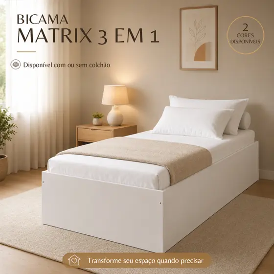 Bicama Solteiro Multifuncional Matrix 3 em 1 com Auxiliar e Com ou Sem os Colchões D20 88x188cm