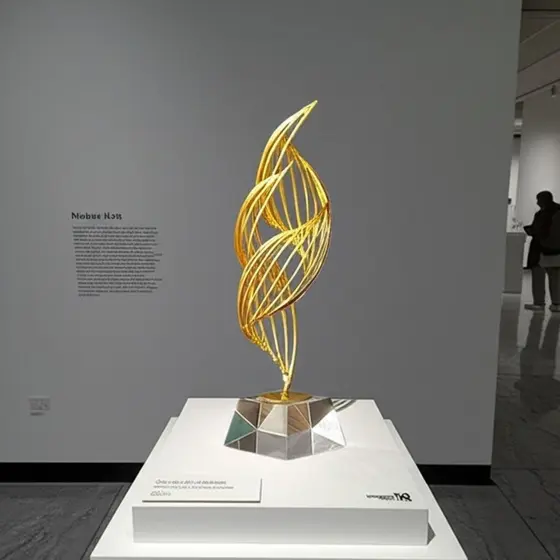 Escultura Decorativa Chama Infinita em Resina Dourada com Base Cristal Arte Moderna e Sofisticada