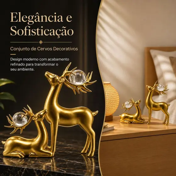 Conjunto de Cervos Decorativos Dourados em Resina