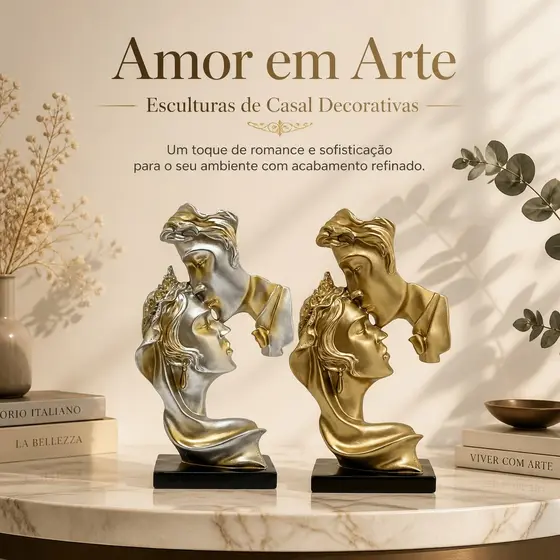 Conjunto Amor Eterno – Esculturas Decorativas Casal em Resina Champanhe e Dourado