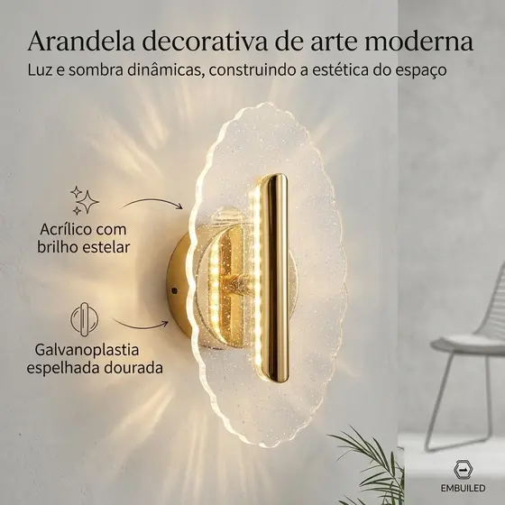 Arandela De Parede Led Decorativa Moderna Dourada 3 Cores Bivolt
