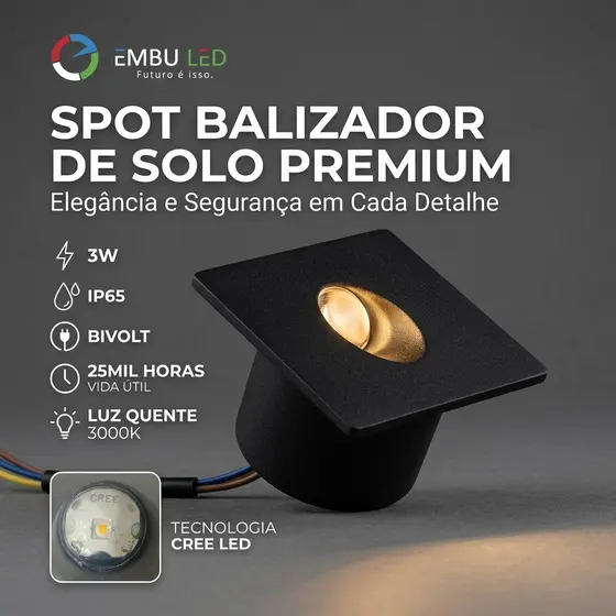Spot Balizador Solo Led 3w Quadrado Preto Quente Ip65 Premium