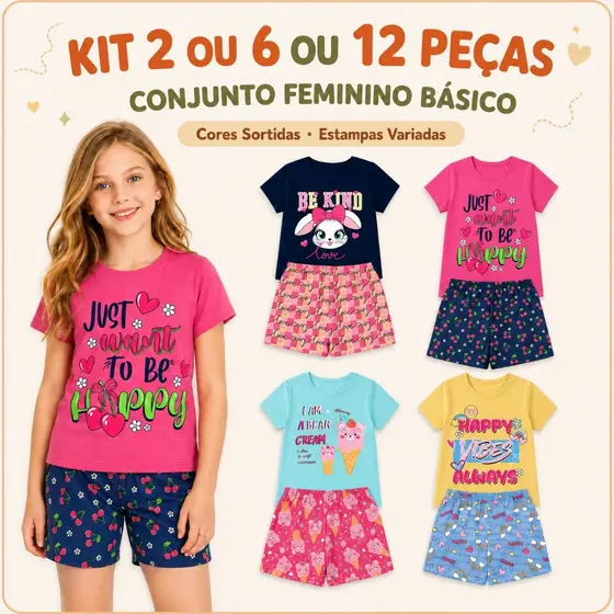 Kit 2 ou 6 ou 12 Peças Conjunto Blusa Cropped e Bermuda Moletinho Infantil Feminino Verão 1 ao 14