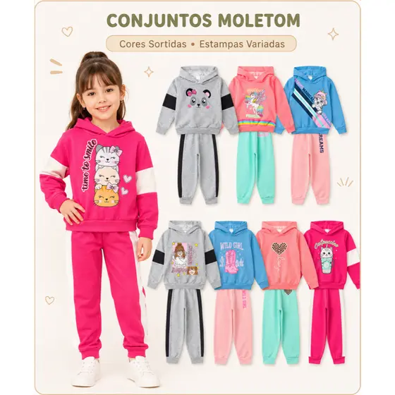 Kit 2 peças (1 Conjunto) Conjunto Moletom Infantil Juvenil 1 ao 14 Conjunto Blusão de Inverno Menina