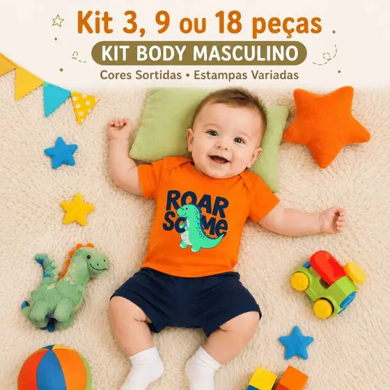 Kit 3, 9 ou 18 Peças (1 conjunto = 2 Body Suedine Curto + 1 Tapa Fralda) Menino RN ao GG