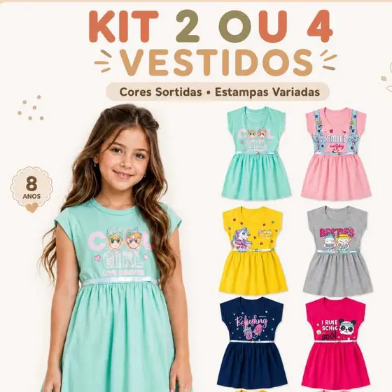 Kit com 2 ou 4 Vestidos Infantil Menina Primavera/Verão Cinto Ajustável TAM 1 ao 14 Cotton Sortido