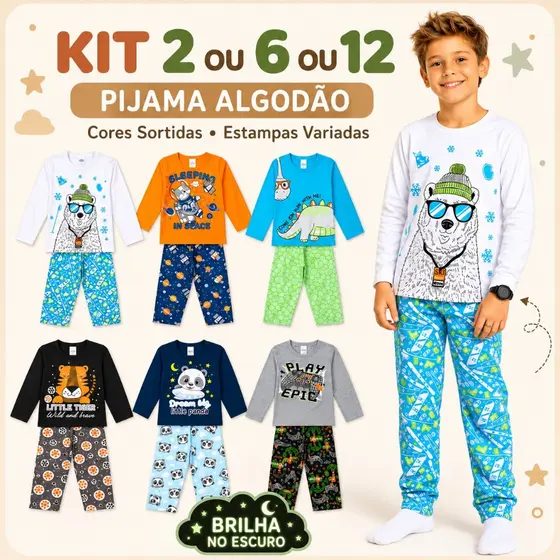 Kit 2 ou 6 ou 12 Peças (1 ou 3 ou 6 conjuntos) Pijama Brilha no Escuro Infantil Juvenil Menino Manga Longa