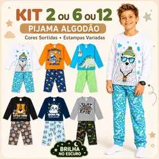 Kit 2 ou 6 ou 12 Peças (1 ou 3 ou 6 conjuntos) Pijama Brilha no Escuro Infantil Juvenil Menino Manga Longa