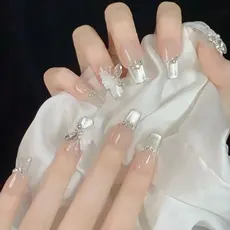 Unhas Postiças Artesanais Reutilizáveis com Decoração de Pérolas e Borboletas, Produto Acabado e Removível