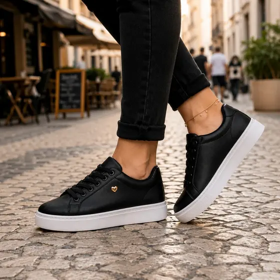 Tênis Feminino Preto Casual Confortável Sola Reta Blogueira Estiloso Calce Facil