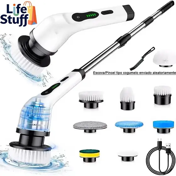 Escova Eletrica Giratoria 9 Em 1 Sem Fio Com Extensor Para Limpeza Pesada