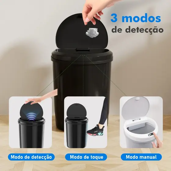Lixeira Automatica Sensor Infravermelho 12L Tampa sem Contato para Cozinha Sala Banheiro Inteligente Pilha Antiodor