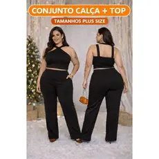 Conjunto Feminino Plus Size Malha Crepe Liverpool Premium Cropped + Calça Cintura Alta GG G1 G2