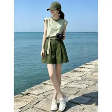 Casual estilo preguiçoso sem mangas em torno do pescoço Shorts conjunto de duas peças verde solto moda terno esportivo f