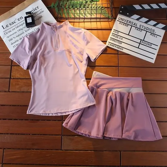 Yoga Wear terno feminino cintura alta saia curta de secagem rápida esportes ginásio correndo apertado gola alta meio zíp