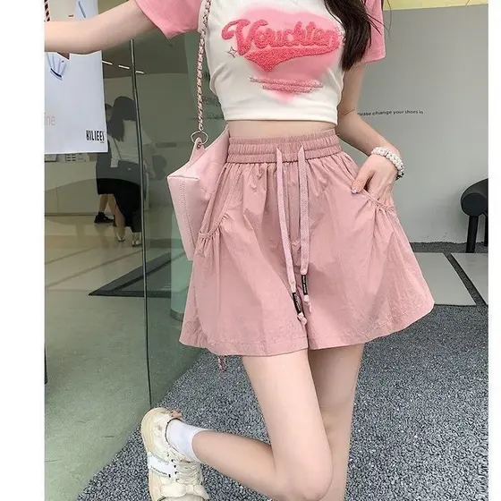 Macacão de secagem rápida Shorts feminino dia solto a linha calças casuais de perna larga#现货速干工装短裤女天宽松a字阔腿休闲裤