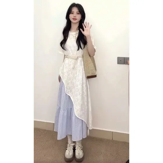 Pequeno temperamento fresco renda Irregular manga curta topo saia xadrez roupas femininas 2026 primavera férias terno#现货