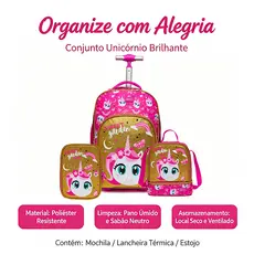 Kit Completo Mochila Lancheira Estojo Rosa Escolar Unicórnio Menina Rodinhas Spector