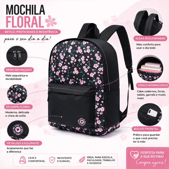 Mochila Feminina Reforçada Floral Preta Escolar Casual Resistente Com Bolso Frontal Grande Estilosa