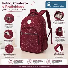 Mochila Feminina Reforçada Notebook Estampada Estrelas Vinho Resistente Casual Escolar
