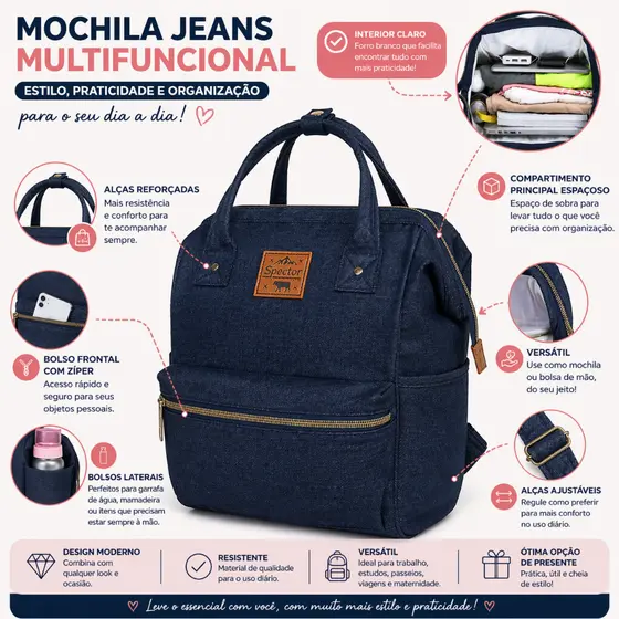 Mochila Feminina Jeans Multifuncional Bolsa Maternidade Moderna com Zíper e Alça Reforçada