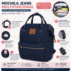 Mochila Feminina Jeans Multifuncional Bolsa Maternidade Moderna com Zíper e Alça Reforçada