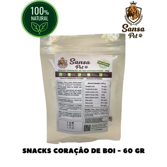 Snack Petisco Coração de Boi Desidratado 100% Natural Saudável Pet Cachorro Adestramento - 60 g