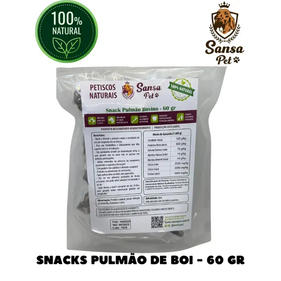 Snack Petisco Pulmao de Boi Desidratado 100% Natural Saudável Pet Cachorro Brinquedo Biscoito - 60g