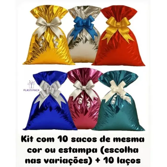 KIT COM 10 SACOS P/ PRESENTE + 10 LAÇOS – 20x29, 25x36, 30x44 | Embalagem Romântico Infantil Lisos