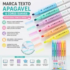 Marca Texto Apagável 6 Cores Suaves Ponta Dupla Marca e Apaga Para Estudos Planner Bliblia Escola e Escritório