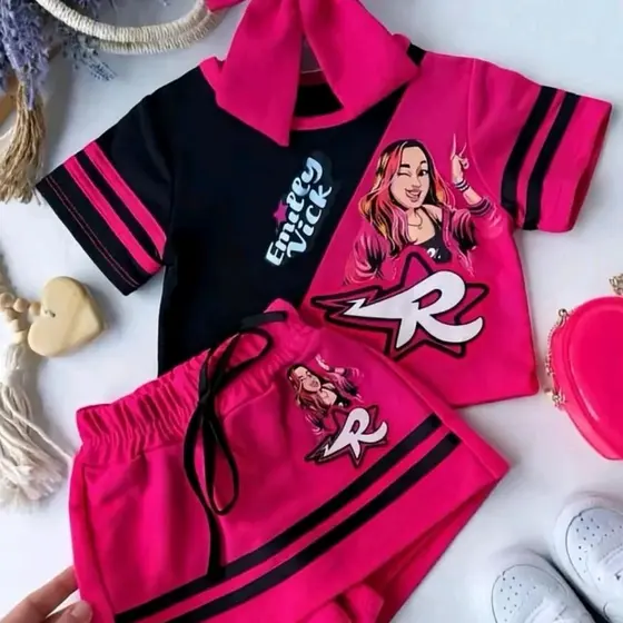 CONJUNTO JUVENIL E INFANTIL MENINA EMILYy VICCK BLUSA + SHORT SAIA  COM LISTRAS PRETO