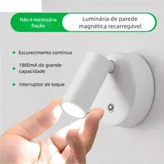 Luminária de Quarto Sem Fio Recarregável LED - Arandela de Parede Abajur de Cabeceira para Leitura