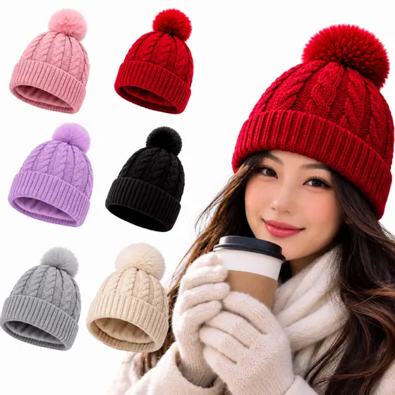 Gorro Touca Feminina Tricot Listrada com Pompom Inverno Quente Macia Cores Diversas