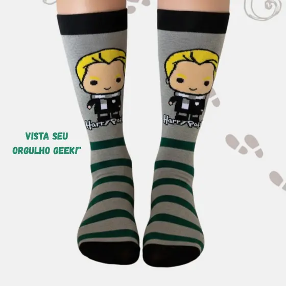 Meia Draco Malfoy Harry Potter Sonserina Listrada Geek Casual Presente Hogwarts Meia Divertida Cano Alto