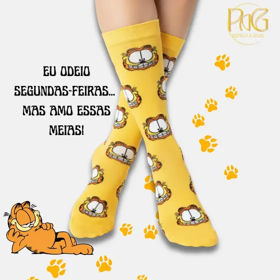 Pares de Meia Garfield Laranja Personalizada  Cano alto Unixess Masculina Feminina Infantil