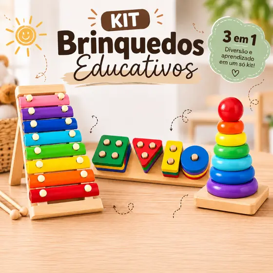 Kit 3 Brinquedos Montessori Pedagogico Educativo de Madeira Encaixe Formas Xilofone Sensorial Didatico