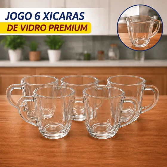 Jogo Xícaras de Vidro Premium Grossa Resistente com Alça Chá Café 245ml